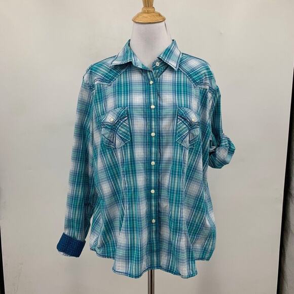 Panhandle Shirt Womens XL Extra Large Western Yoke Pearl Snap Tab Sleeve Top - Picture 2 of 11